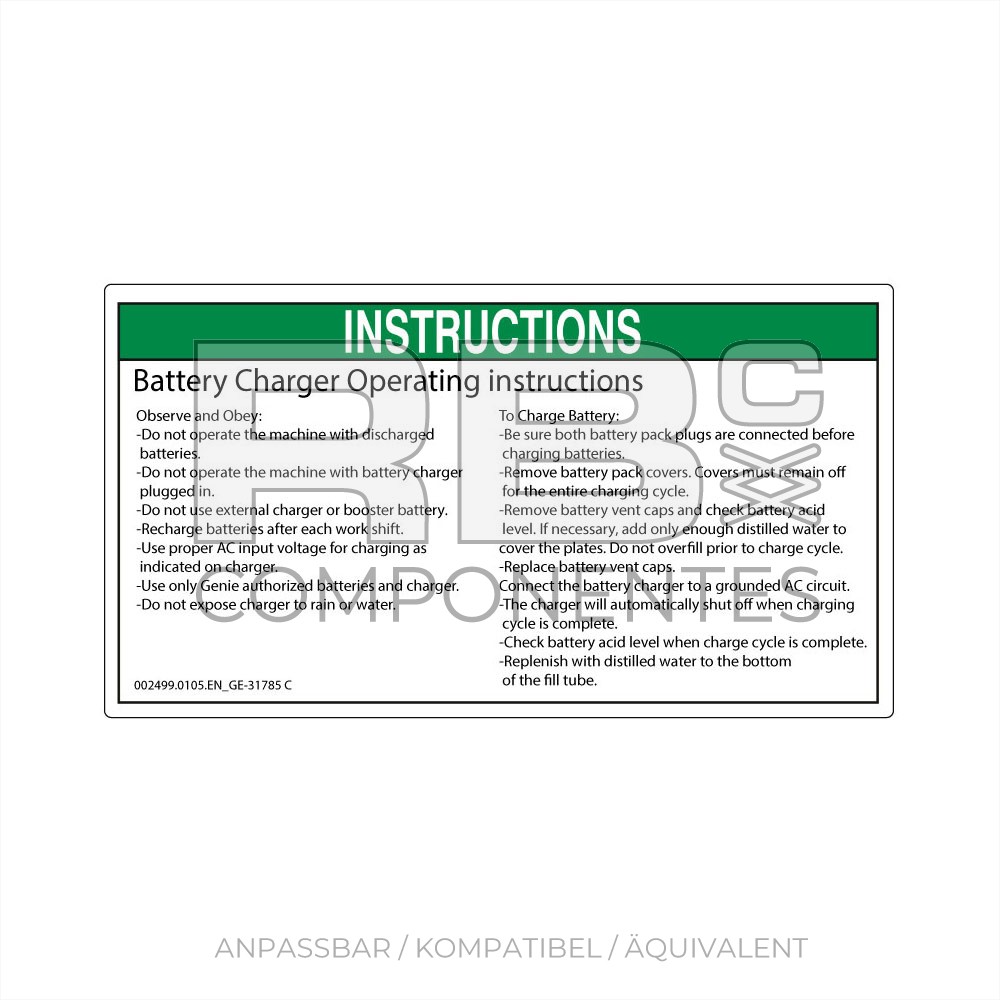 AUFKLEBER KOMPATIBEL REF GE 31785 C ENGLISCH