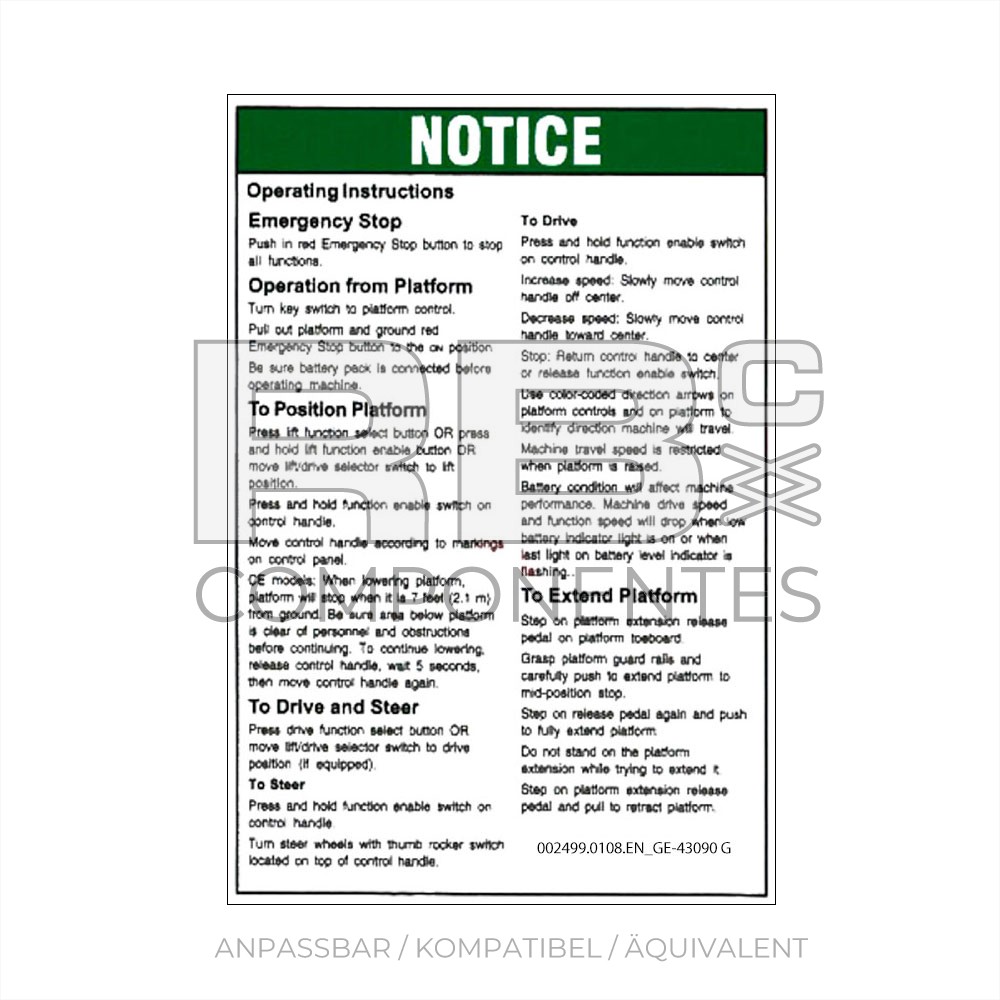 AUFKLEBER KOMPATIBEL REF GE-43090 G ENGLISCH
