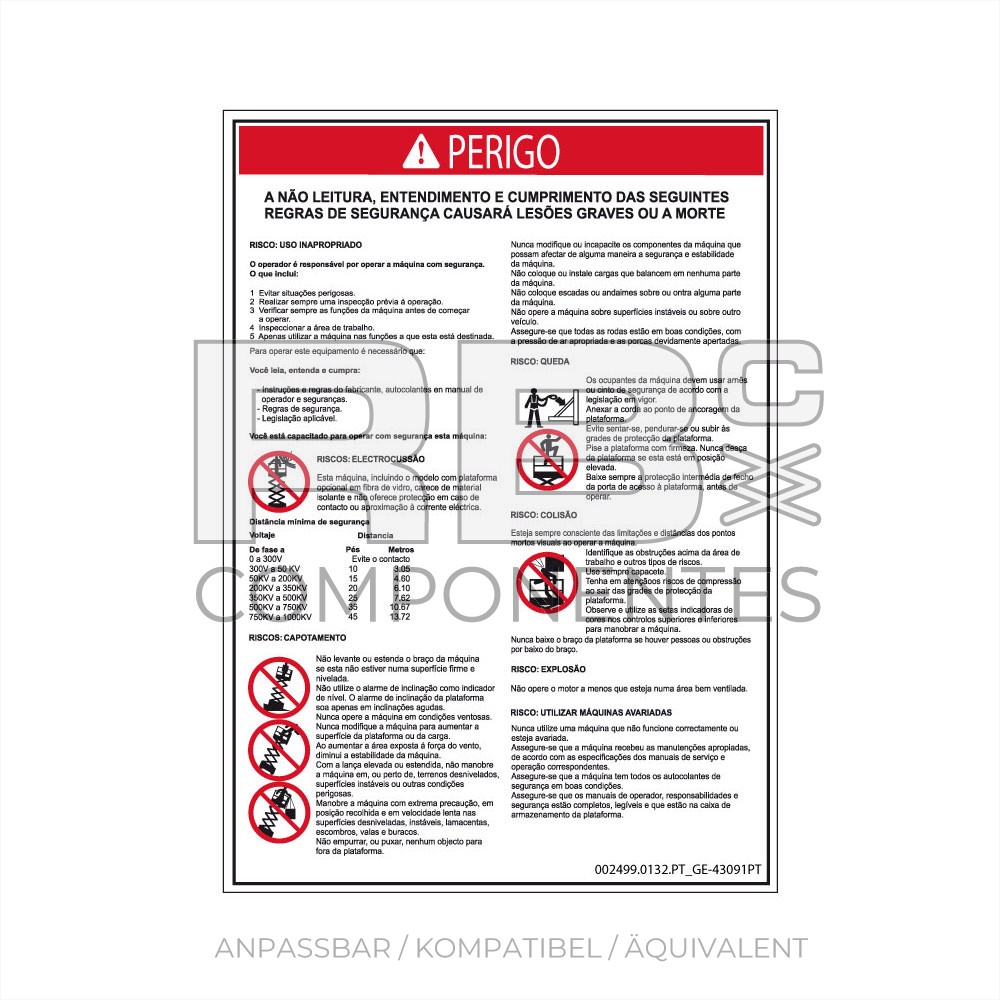 AUFKLEBER KOMPATIBEL REF GE 43091 PORTUGIESISCH