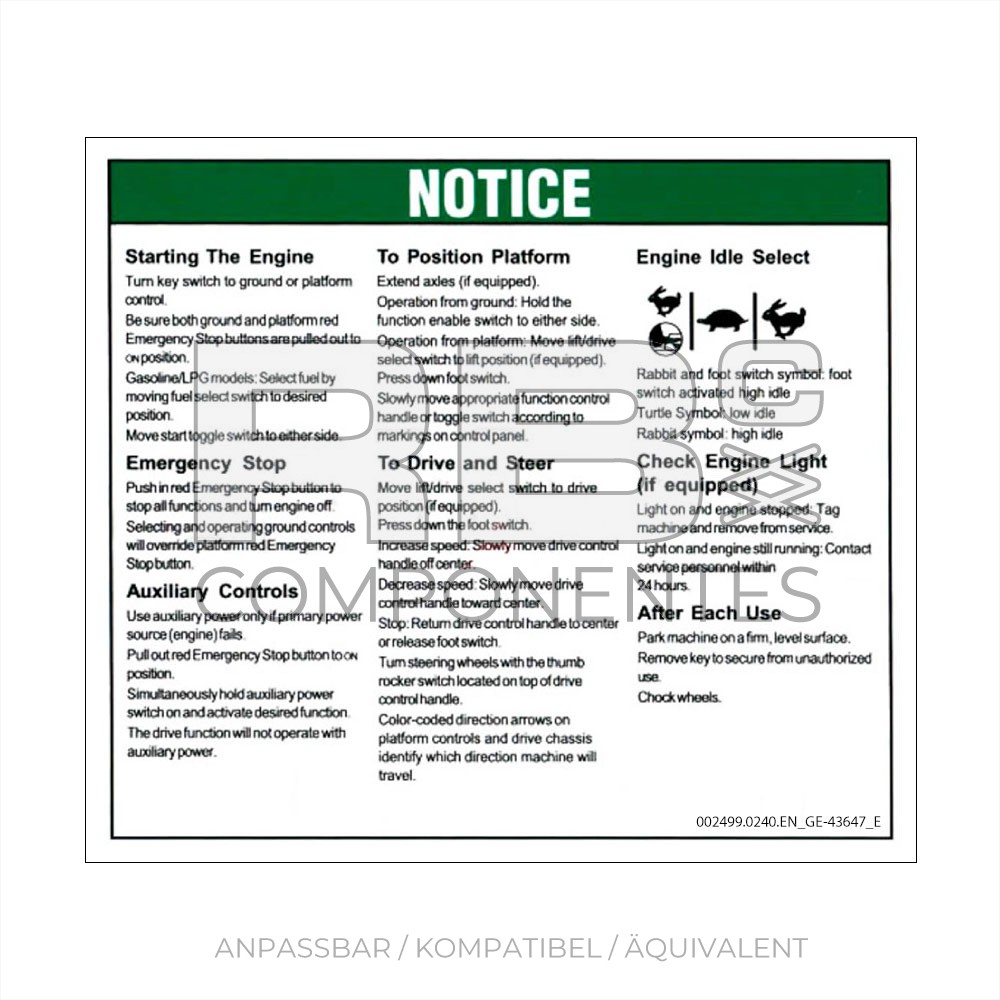 AUFKLEBER KOMPATIBEL REF GE-43647 E ENGLISCH