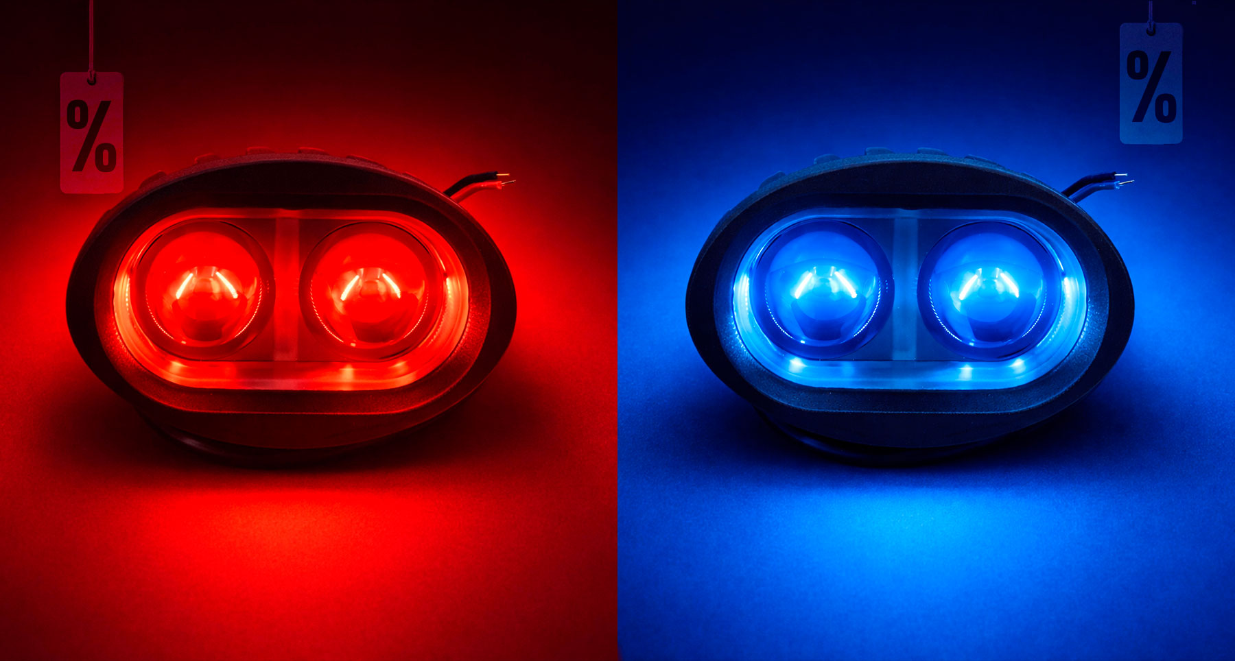 Foco LED industrial de doble lente encendido, con una luz roja en el lado izquierdo y azul en el derecho, sobre fondo degradado rojo y azul con efecto luminoso premium.